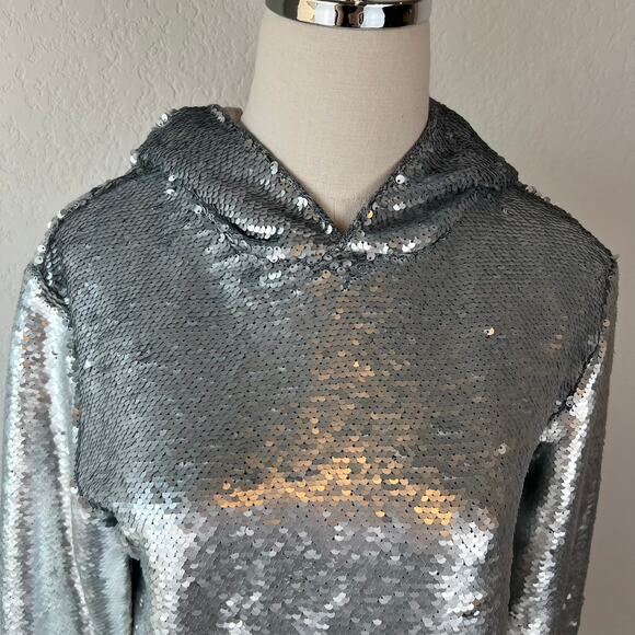 RTA Sequin Hoodie Jacket Silk Lined Kanagroo Pocket size XS Silver - Picture 3 of 16